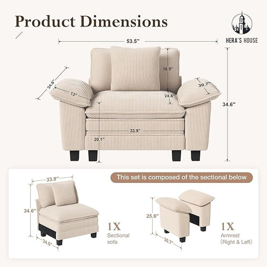 HERA'S HOUSE 54" Modular Sectional Sofa Couches for Living Room, Comfy Cloud Couch 1-Seater Deep Seat Sofa with Throw Pillow, Corduroy Beige