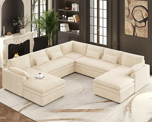 Belffin Large Modular Sectional Sofa with Double Deep Chaise and Loveseat, Corduroy U Shape Couch with 9" Soft Dual-Layer 9 Seats Cushion for Living Room, Apartment, Beige