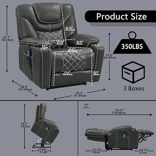 Power Lift Recliner for Seniors: 9988 High Density Foam Lift Chair With Heat and Massage, Reclining To 180, 2 Pockets Cup Holders, 2 Remote Controls, Dual OKIN Motors - Breathable Leather Gray