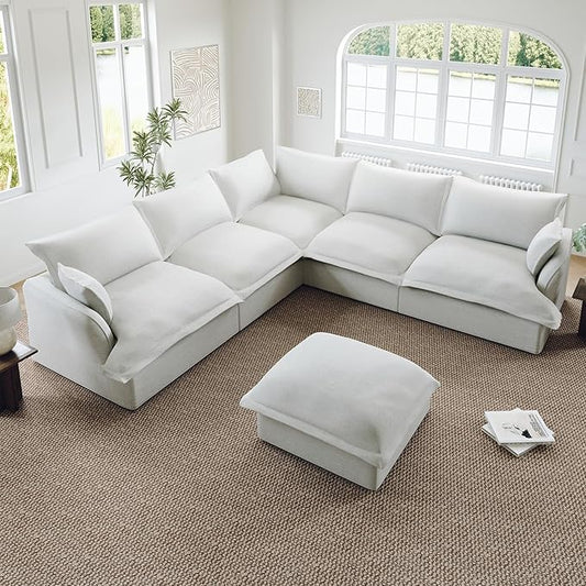 Oversized Cloud Modular Sectional Sofa, Comfy Down Filled Cloud Couch with Removable Cover, V Shaped 5 Seat Couch with Ottoman, Deep Seat Sectional Couches for Living Room, Cream White