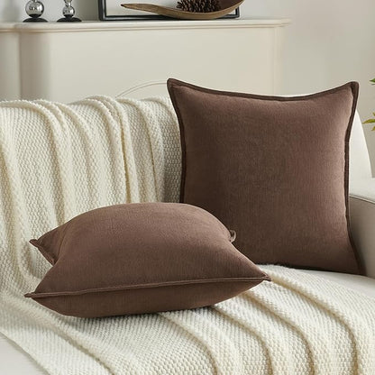 FUTEI Brown Chenille Throw Pillow Covers 18x18 Inch Set of 2,Edges Double-Stitched Cushion Cases,Modern Home Decor for Couch Living Room