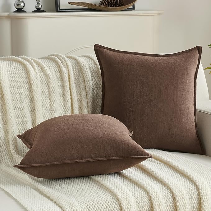 FUTEI Brown Chenille Throw Pillow Covers 22x22 Inch Set of 2,Edges Double-Stitched Cushion Cases,Modern Home Decor for Couch Living Room