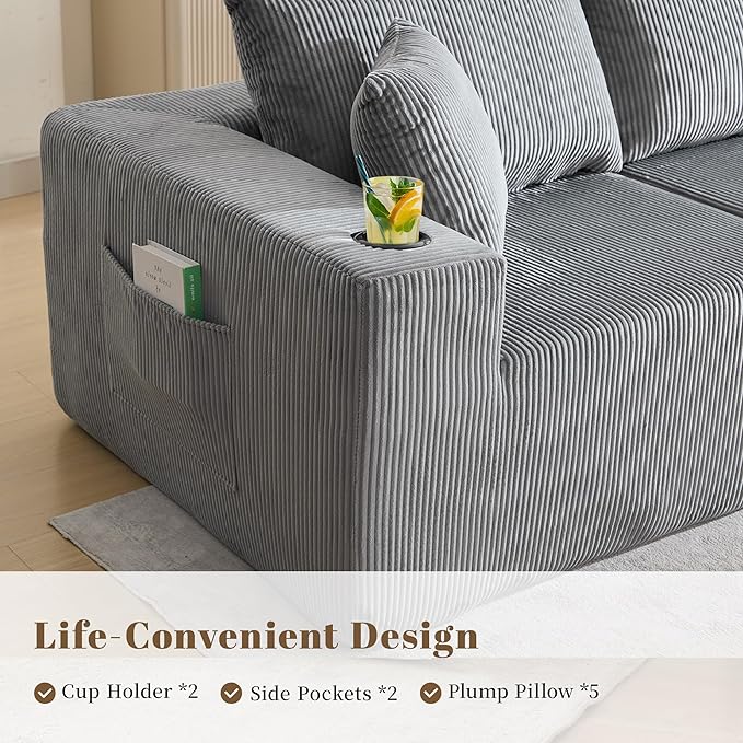 107" Cloud Sectional Couch, Modular Sectional Sofa with L-Shape Chaise, Corduroy Boneless Couch with Deep Seat, Upholstered Sofa for Living Room, No Assembly Required(Right-Facing Chaise, Dark Grey)