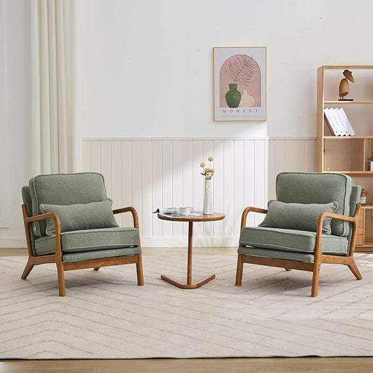 Mid-Century Accent Chair Set of 2,Sherpa Fabric Lounge Chair with Wide Armrest,Sherpa Fabric Armchair with Lumbar Pillow & Solid Wood Frame for Living Room, Bedroom, Balcony (Green)