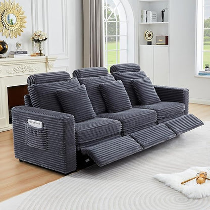 Power Reclining Sectional Sofa, Electric 3 Seat Recliner with 3 Electric Footrest and Adjustable Headrest, Modern Plush Corduroy Fluffy Reclining Sectional with Deep Seat for Living Room-Blue Grey