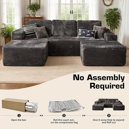 106" Cloud Sectional Couch with L-Shape Chaise & Ottoman, No Assembly Modular Sofa, Deep Seat Plush Corduroy Boneless Couched for Living Room (Gray Plush Corduroy, Left Facing Chaise with Ottoman)