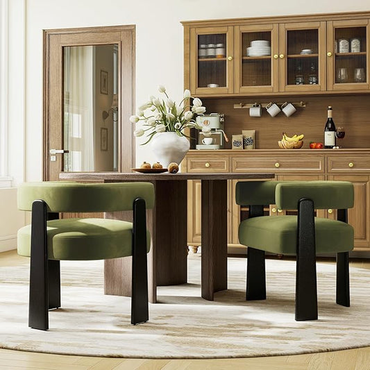 Modern Dining Chairs Set of 2, Upholstered Velvet Barrel Accent Chairs with Backrest & Arms, Wide and Thicker Padded Kitchen Side Chair with Wooden Legs for Dining Room, Livingroom, Dark Green