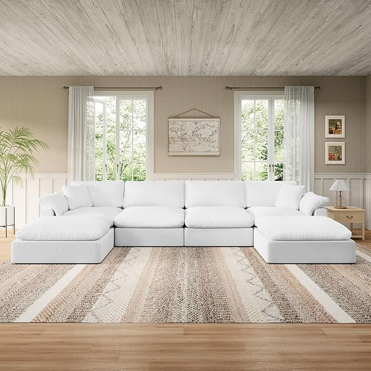 Modular Sectional Sofa Cloud Couch,Down Filled Comfy Cloud Modern Sofa,White Linen U Shape 6 Seater Oversized Couch Cushion Covers Removable for Living Room