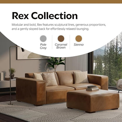 SIMPLIHOME Rex Modular Sofa and Ottoman Set in Full-Grain Genuine Leather, Caramel Brown, 88-inch-Wide 2-Seater Leather Couch and Matching 34-inch-Wide Table Ottoman for Living Room