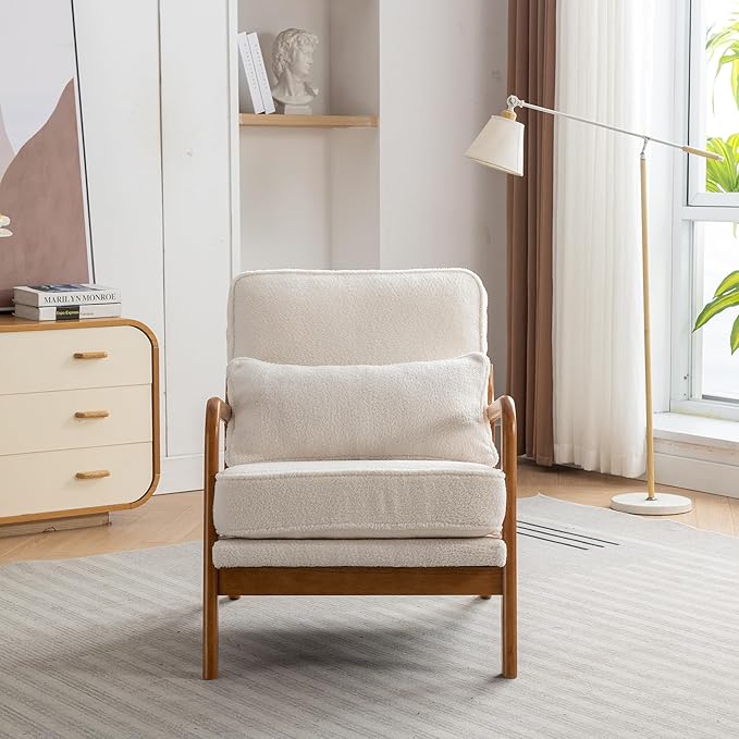 Mid-Century Accent Chair Set of 2,Sherpa Fabric Lounge Chair with Wide Armrest,Sherpa Fabric Armchair with Lumbar Pillow & Solid Wood Frame for Living Room, Bedroom, Balcony(White)