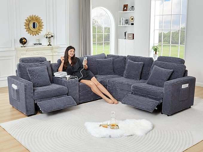 Oversized Modular Sectional Sofa with 2 Power Reclining, Electric Recliner Couch with Storage Console and Adjustable Headrest, Plush Corduroy Fluffy 5 Seat Corner Sofa for Living Room-Blue Grey
