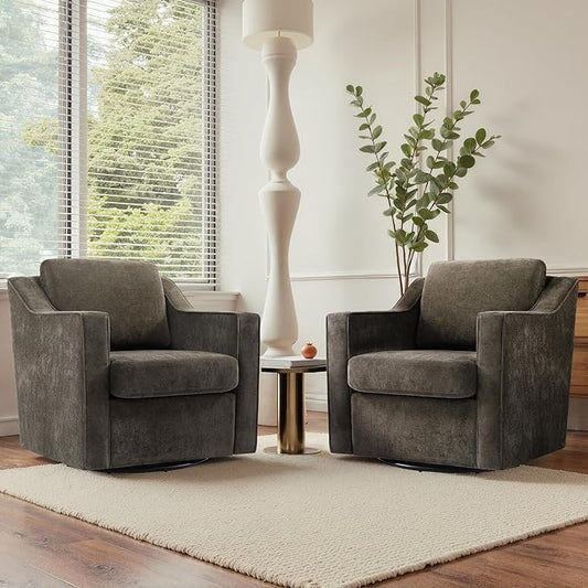 UIXE Swivel Accent Chair Set of 2, Chenille Upholstered Arm Chair for Living Room, Modern Club Armchair Comfy Single Sofa Bedroom Reading Seat with Lumbar Pillow - Coffee