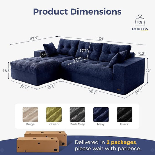 MAXYOYO 104" L Shaped Modular Sectional Sofa with Ottoman, Cloud Boneless Couch with Layered Cushion, Upholstered Sofa in a Box, Flexible Module Combination for Living Room, No Assembly, Navy