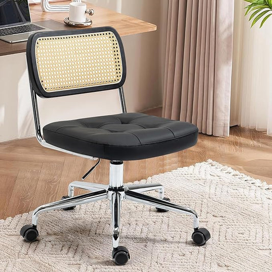 Mid Century Modern Home Office Chair with Wheels, Armless Leather Rattan Desk Chair, Upholstered Adjustable Height Swivel Computer Chair, Black