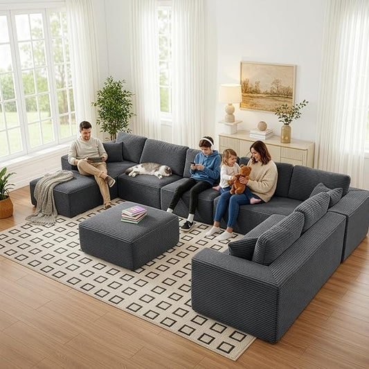 Modular Sectional Cloud Couch for Living Room,Modern Boneless Couche Set with Plush Corduroy,Comfy Floor Sofa with Memory Foam,Stupendous U Shaped Sofa with Ottoman,No Assembly Required,Grey