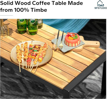 MFSTUDIO 4 Pieces Outdoor Patio Furniture Set, Outdoor Small Brown Rattan Sofa with Acacia Wood Table & Chairs, Patio Loveseat Furniture Set for 4, Beige