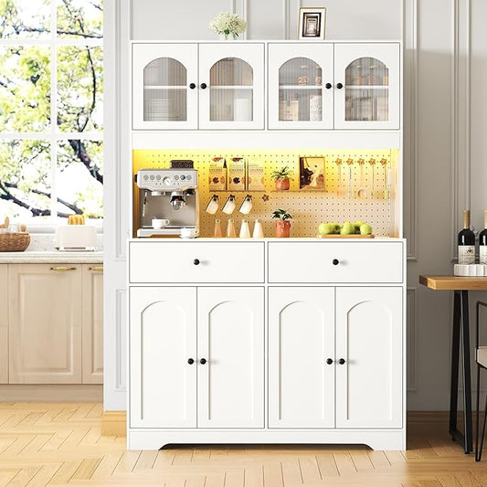 70" Pantry Cabinet with Pegboard, Kitchen Pantry Storage Cabinet with Shelves & Drawer, Adjustable Shelves, LED Light & Power Outlets for Dining Room (White)