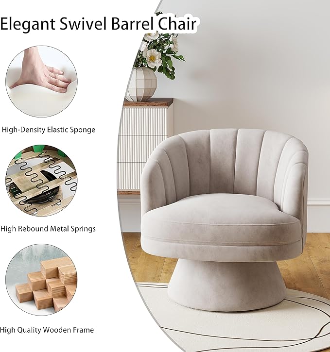 Swivel Accent Chair Set of 2,Upholstered Velvet 360° Swivel Barrel Chair for Living Room Overstuffed Bouncle Reading Chair Round Armchair for Bedroom,Vanity,Office (Grey)