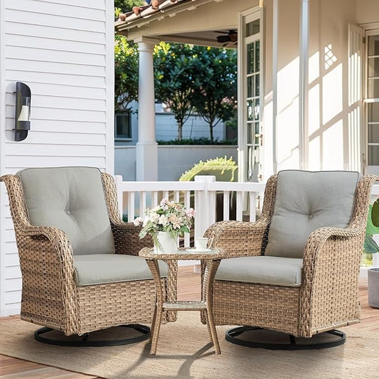 HUMMUH 3-Piece Swivel Rocking Rattan Chair Outdoor, Patio Bistro Furniture Conversation Set, Cushioned Wicker Chair with Glass Coffee Table(Yellow,Beige)