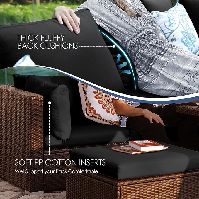 NICESOUL 6 Piece L Shaped Outdoor Sofa with Fire Pit Natural Gas/Propane, 29.3'' High-Back Comfy Wicker Patio Furniture Set Fireplace, Modern Deep Seat Conversations, Brown Rattan and Black Cushion