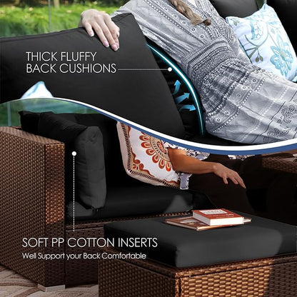 NICESOUL Modern Large Patio Furniture Set with Firepit Propane/Natural Gas, 29.3'' High Back Comfy Outdoor Sectional Couch Sofa Sets, 9 Piece Extra Wide Modular Sitting, Brown Rattan and Black Cushion