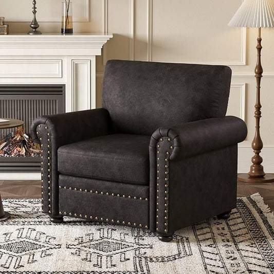 ONBRILL Nailhead Trim Accent Chair, Faux Leather Club Chair for Living Room, Comfy Armchair with Springs Cushions & Solid Wood Legs, Traditional Rolled Arms Single Sofa for Bedroom, Apartment, Black