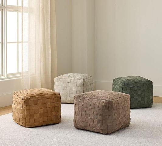 Luxury Handcrafted Suede Basketweave Pouf Ottoman – Soft & Durable Floor Cushion, Footrest, and Accent Seating for Living Room, Bedroom, & Office – Stylish Modern Home Décor (Stone, 18" x 18" x 14")