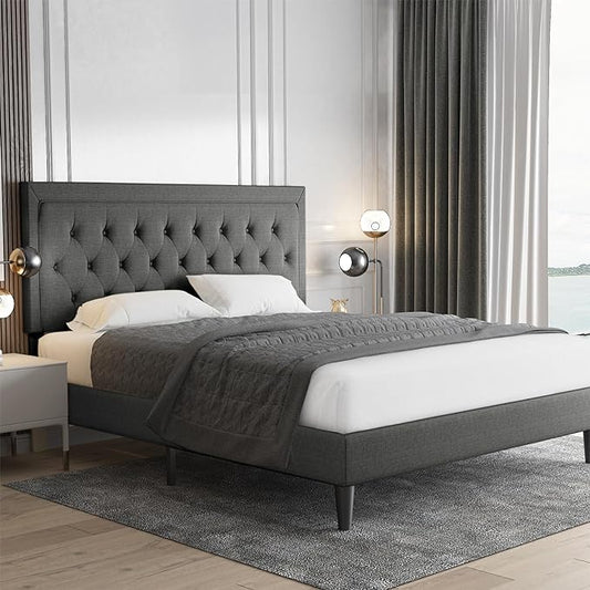 Allewie Full Size Button Tufted Platform/Fabric Upholstered Bed Frame with Adjustable Headboard/Wood Slat Support/Mattress Foundation/Dark Grey (Full)