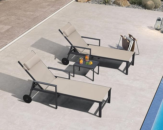 PURPLE LEAF Patio Lounge Chair Set of 3 Outdoor Chaise Lounger Aluminum Frame with Armrest Side Table and Wheels for Pool Outside Sunbathing Tanning Recliner Including Pillows Beige