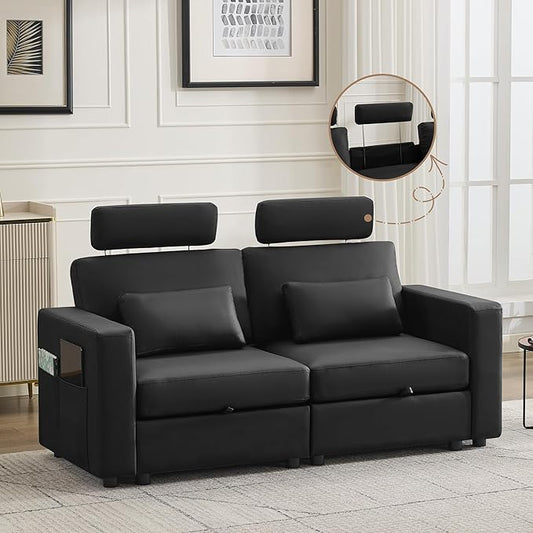 69.7" Loveseat Storage Sofa, Faux Leather Love Seat Couch with Headrest & Pocket, Modular Sectional Cloud 2 Seater Sofas for Living Room Apartment Small Spaces, Oversized Deep Seat Couches, Black