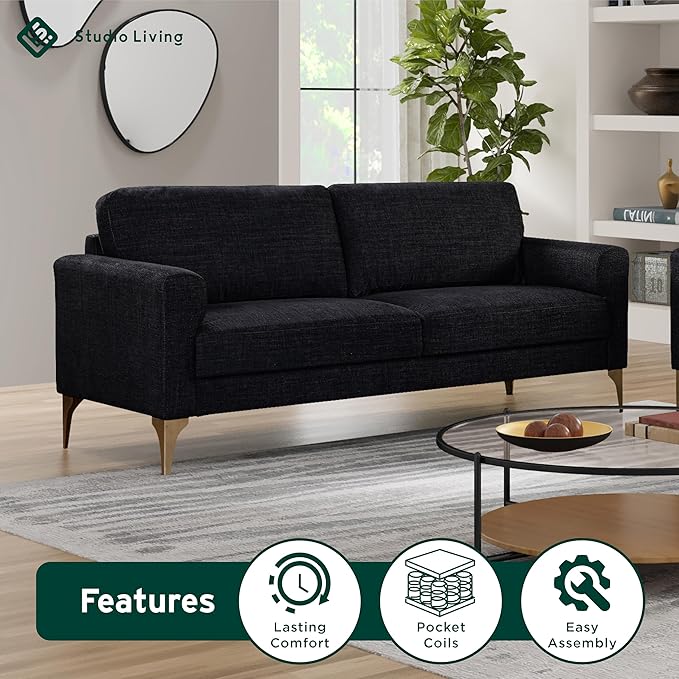 Studio Living® Matthew 75.6" Sofa, Mid-Century Modern, Pocket Coil Comfort, Metal Brushed Bronze Legs, Chenille Fabric, Black