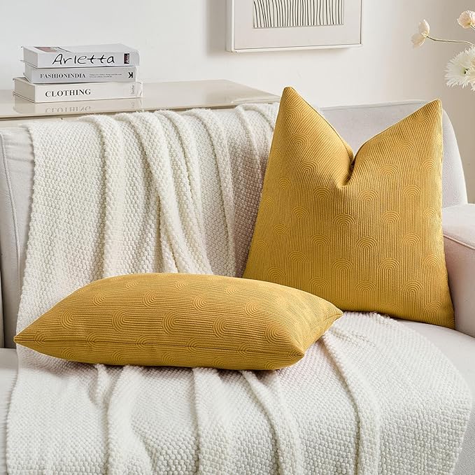 FUTEI Mustard Yellow Chenille Decorative Throw Pillow Covers 22x22 Inch Set of 2,Soft Cozy Striped Geometric Patterns Cushion Cases,Modern Home Decor for Couch Bed Living Room