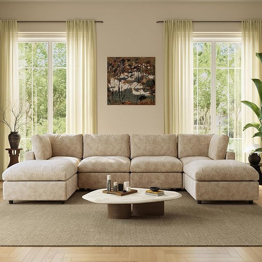 WJShome U Shaped Sectional Couch 134 Inch 4-Seater Modern Modular Sofa with 2 Ottoman,Chenille Deep Seat Couches for Living Room, Bedroom and Apartment，Khaki