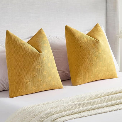 FUTEI Mustard Yellow Chenille Decorative Throw Pillow Covers 24x24 Inch Set of 2,Soft Cozy Striped Geometric Patterns European Cushion Cases,Modern Home Decor for Couch Bed Living Room