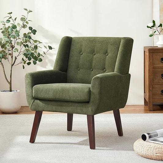 Accent Chairs for Living Room,Button-Tufted Upholstered Armchair with Wooden Legs,Comfy Mid Century Modern Chair for Bedroom Apartment Waiting Room Green