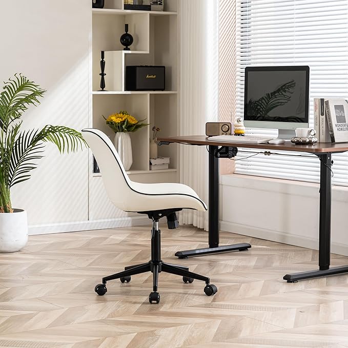 YOUNIKE White Ergonomic Home Office Desk Chair No Arms Comfy Small Criss Cross Chair with Wheels Swivel Adjustable Modern Vanity Chair with Back Armless Cute Leather Upholstered Rolling Task Chair