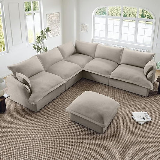 Oversized Cloud Modular Sectional Sofa, Comfy Down Filled Cloud Couch with Removable Cover, V Shaped 5 Seat Couch with Ottoman, Deep Seat Sectional Couches for Living Room, Light Gray