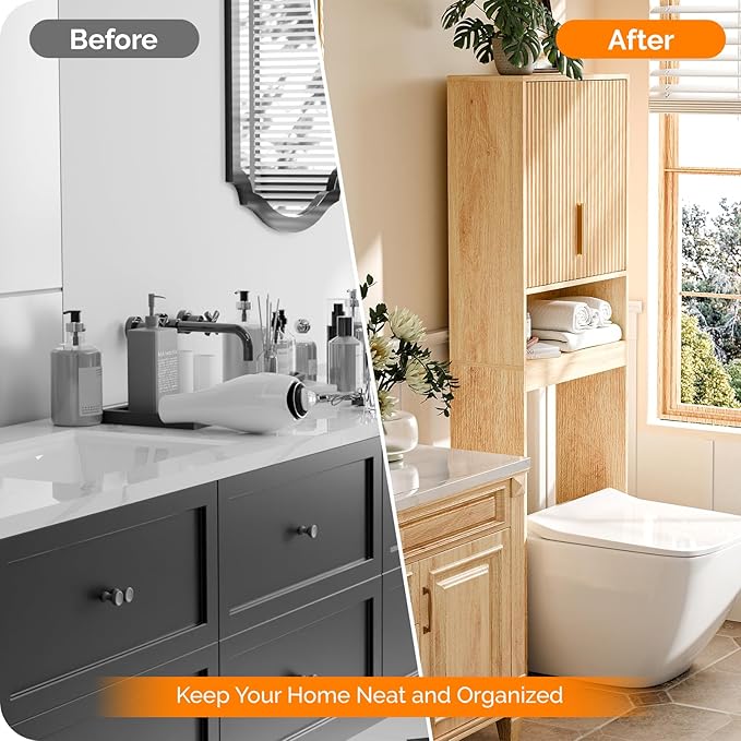 VINGLI Fluted Over The Toilet Storage Cabinet, Modern Behind Toilet Cabinet Bathroom Organizer with 2 Fluted Doors,Wood Storage Organizer Freestanding with Adjustable Shelf for Bathroom,Natural Oak