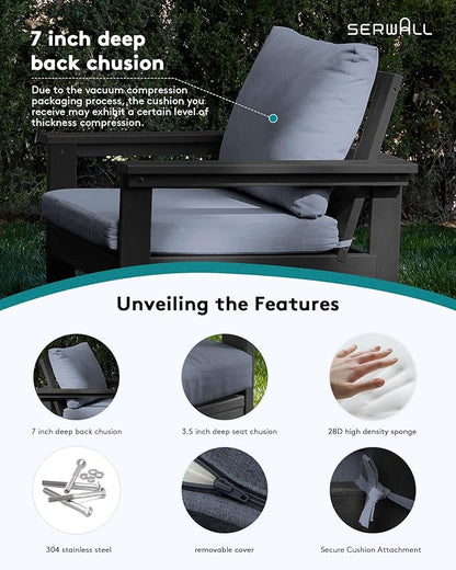 SERWALL HDPE Patio Furniture Set, 7-Piece Outdoor Sectional Sofa Set, All Weather Outdoor Couch Set for Deck, Lawn, Black Frame with Grey Cushion