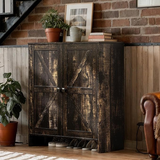 VINGLI Shoe Cabinet with Doors,5 Tier Dark Rustic Oak Wooden Shoe Storage Cabinet for Entryway with Double Barn Doors, Adjustable Shelves, 36.4" Tall Farmhouse Shoe Rack Organizer for Entryway