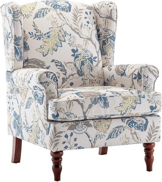 MELLCOM Floral Accent Chair, High Back Upholstered Armchair with Solid Legs, Leisure Single Sofa Chair for Living Room, Bedroom, Home Office, Blue Floral