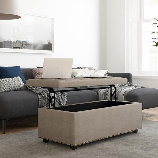 SIMPLIHOME Hamilton 44 inch Wide Traditional Rectangle Lift Top Rectangular Storage Ottoman in Natural Linen Look Fabric, Assembled, For the Living Room, Entryway and Family Room