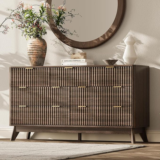 54'' Wide 7 Drawers Dresser for Bedroom,Modern Fluted Vertical Chest with Rounded Corners,Fluted Dresser for Living Room,Hallway, Walnut