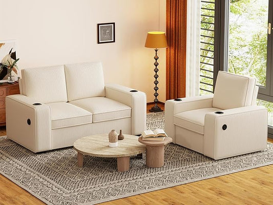 Furnimart 3-Seater Living Room Set Corduroy, 58" Wide Loveseat & Accent Chair with USB Chargers, Cup Holders & High-Density Foam, Modern Sofa & Armchair Set for Apartment, Living Room(2 Colors)