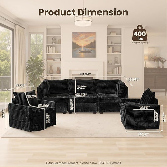 98" Modular Sectional Sofa with Swivel Chairs, Modern Cloud Couch Plush Corduroy 3 Seater Deep Seat Sofas Set & Accent Armchair Set of 2 for Living Room, Black