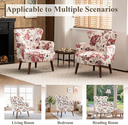 Floral Accent Chair Set of 2, Upholstered Living Room Chairs with Solid Wood Legs, Mid Century Modern Velvet High Back Armchair for Bedroom, Living Room, Pink