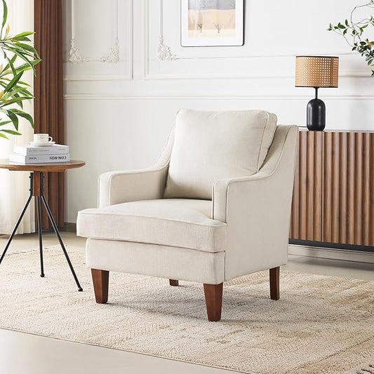 VINGLI Mid-Century Modern Accent Chair, Beige Upholstered Armchair Comfy Sofa Chair Reading Chair High Back for Living Room Bedroom Furniture Apartment