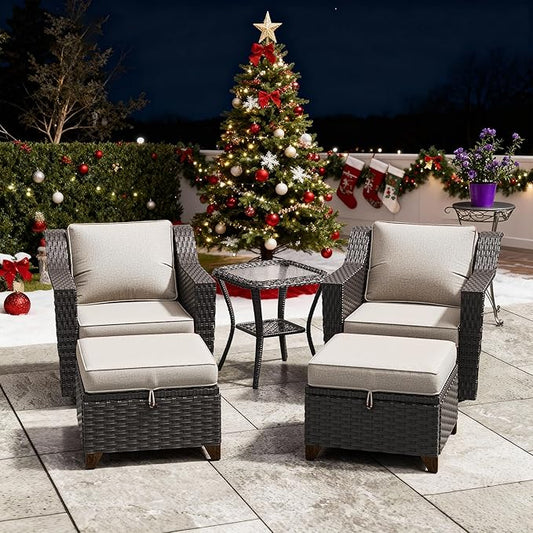5 Pieces Patio Conversation Furniture Set - Swivel Chairs with Ottomans Set of 2, 1 Side Table, Outdoor Wicker Furniture Set with Washable Cushions for Porch, Balcony, Sunroom (Beige)