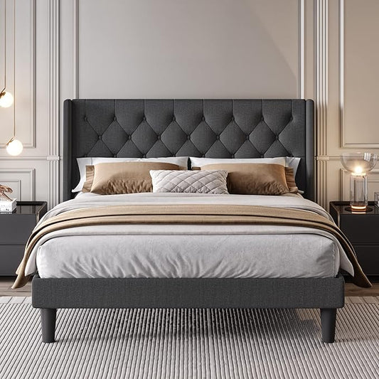 SHA CERLIN Queen Size Platform Bed Frame with Upholstered Headboard and Wingback, Button Tufted Design, Easy Assembly, No Box Spring Needed, Dark Grey
