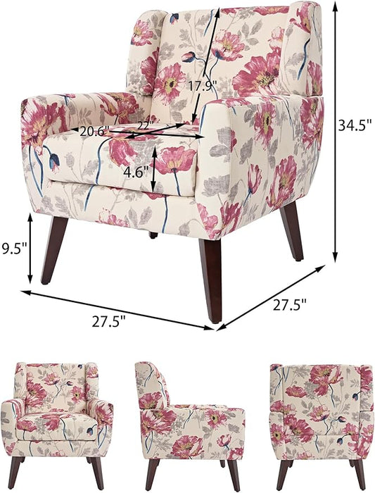 Accent Chair, Modern Linen Blend Arm Chair for Living Room, Bedroom, Comfy High-Resilient Sponge Reading Chair for Small Spaces (Pattern Pink Floral, Set of 1)